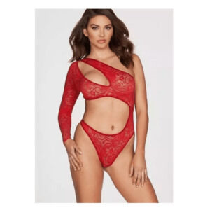 Frederick’s of Hollywood Kerry Red Lace Asymmetrical Bodysuit Sexy Lingerie, Sma